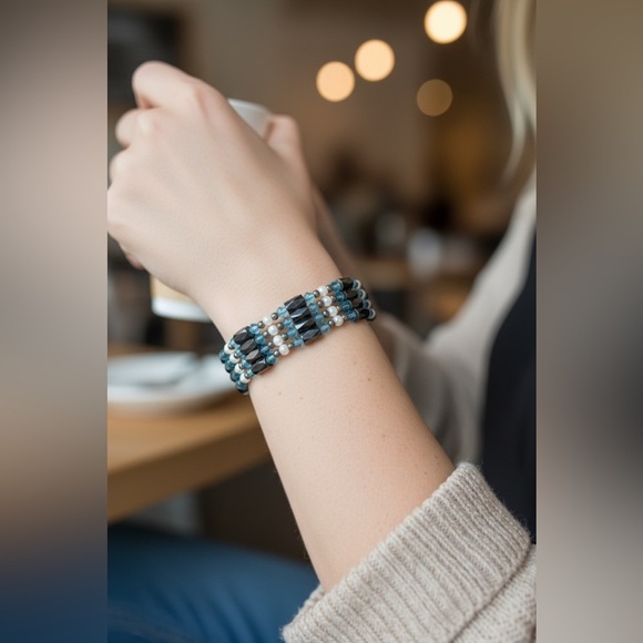 Jewelry - Magnetic Multi-Strand Bracelet with Teal and Black Beads
